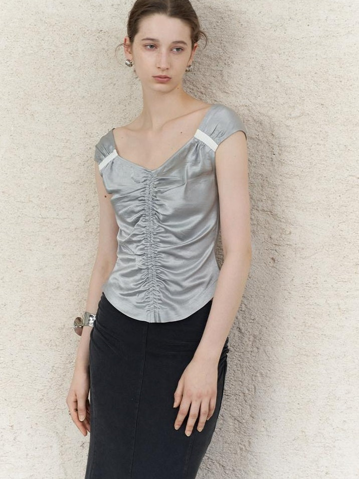 someonesometimes Ruched V-neck Slim Fit Silver Gray Acetate Sleeveless Off Shoulder Crop Tops