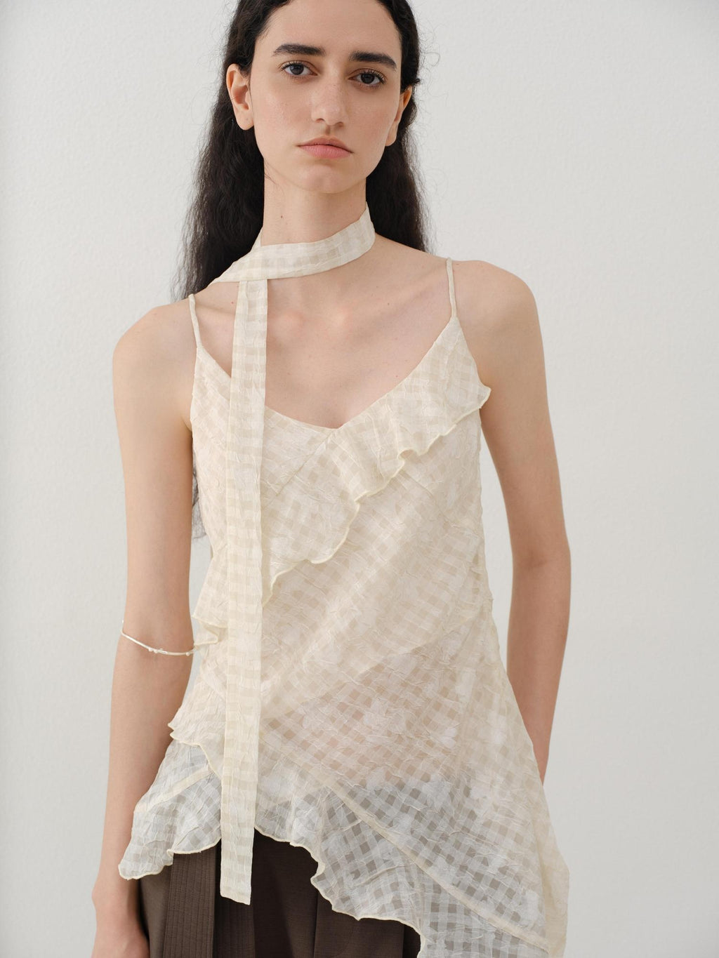 someonesometimes Ruffled V-neck Slim Fit Floral Plaid Built In Bra Oatmeal Beige Camisoles