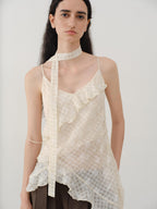 someonesometimes Ruffled V-neck Slim Fit Floral Plaid Built In Bra Oatmeal Beige Camisoles