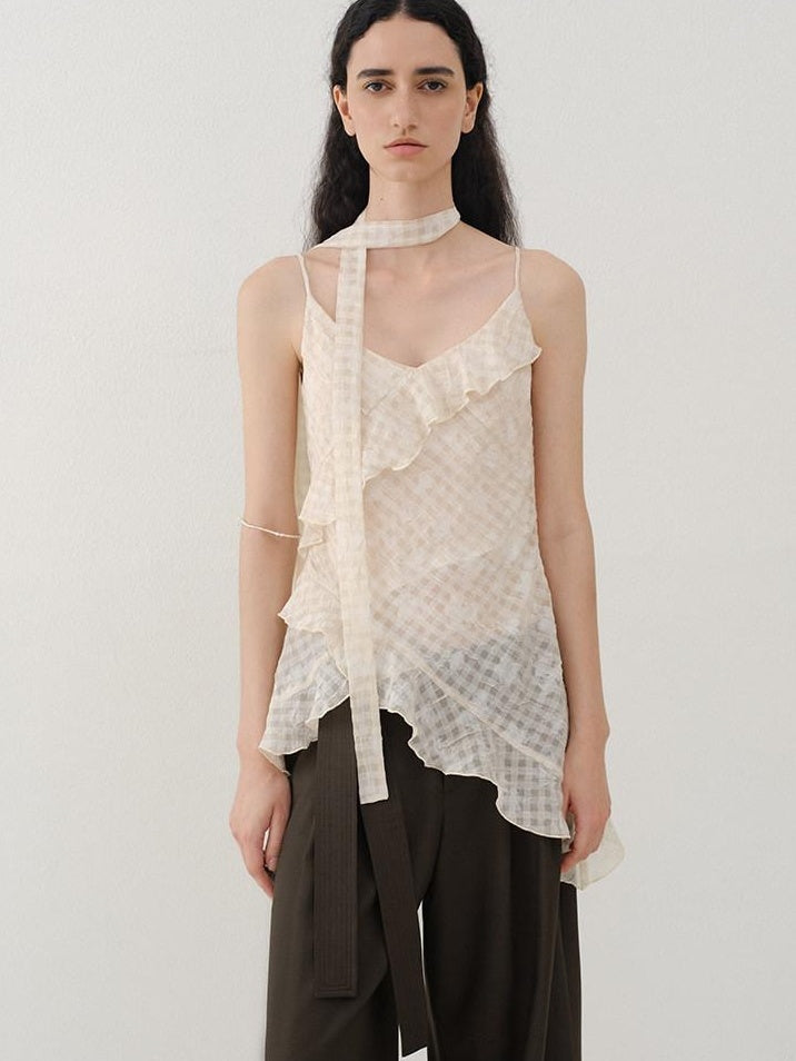 someonesometimes Ruffled V-neck Slim Fit Floral Plaid Built In Bra Oatmeal Beige Camisoles