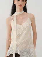 someonesometimes Ruffled V-neck Slim Fit Floral Plaid Built In Bra Oatmeal Beige Camisoles