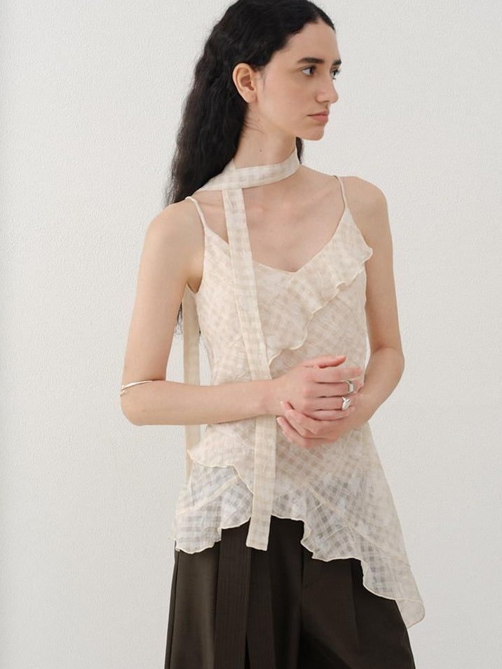 someonesometimes Ruffled V-neck Slim Fit Floral Plaid Built In Bra Oatmeal Beige Camisoles