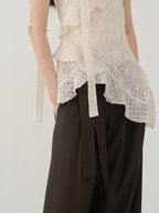 someonesometimes Ruffled V-neck Slim Fit Floral Plaid Built In Bra Oatmeal Beige Camisoles