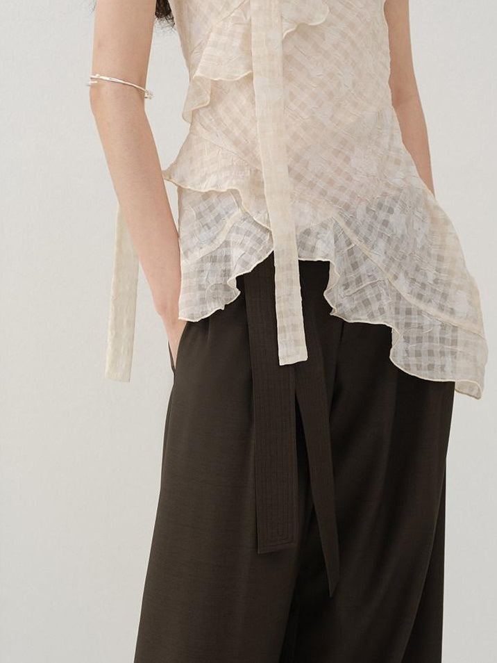 someonesometimes Ruffled V-neck Slim Fit Floral Plaid Built In Bra Oatmeal Beige Camisoles