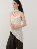 someonesometimes Ruffled V-neck Slim Fit Floral Plaid Built In Bra Oatmeal Beige Camisoles