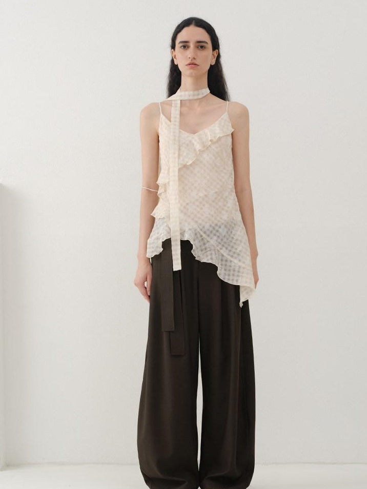 someonesometimes Ruffled V-neck Slim Fit Floral Plaid Built In Bra Oatmeal Beige Camisoles