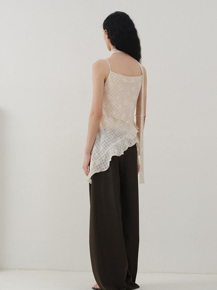 someonesometimes Ruffled V-neck Slim Fit Floral Plaid Built In Bra Oatmeal Beige Camisoles