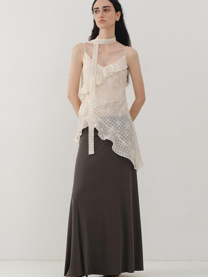 someonesometimes Ruffled V-neck Slim Fit Floral Plaid Built In Bra Oatmeal Beige Camisoles