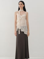 someonesometimes Ruffled V-neck Slim Fit Floral Plaid Built In Bra Oatmeal Beige Camisoles