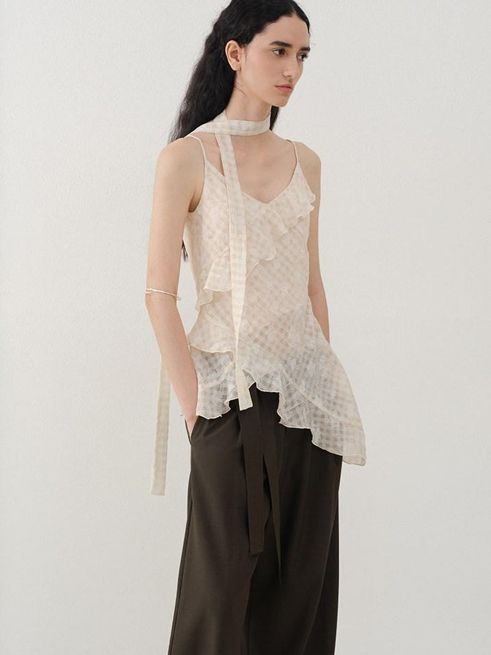 someonesometimes Ruffled V-neck Slim Fit Floral Plaid Built In Bra Oatmeal Beige Camisoles