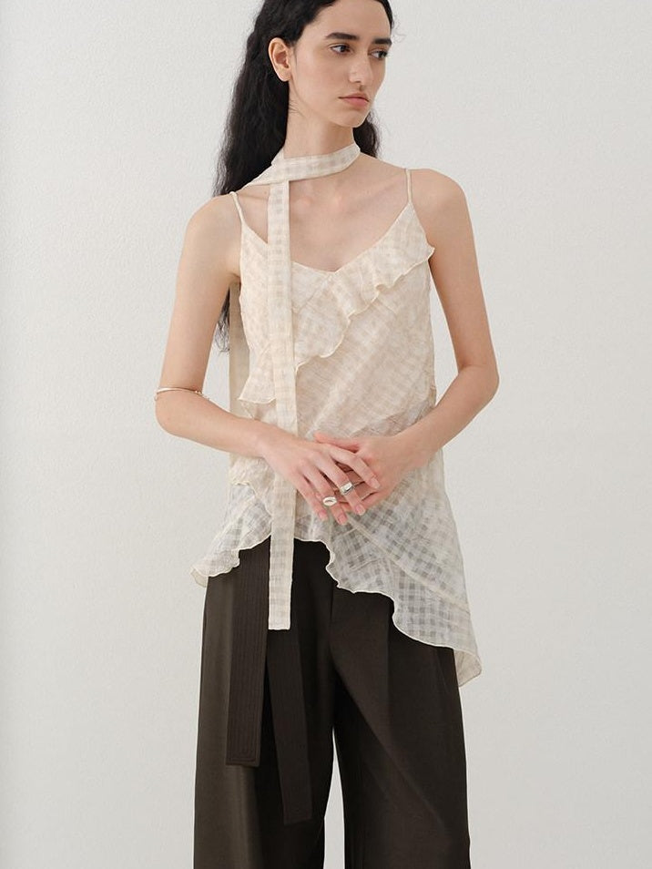 someonesometimes Ruffled V-neck Slim Fit Floral Plaid Built In Bra Oatmeal Beige Camisoles