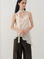someonesometimes Ruffled V-neck Slim Fit Floral Plaid Built In Bra Oatmeal Beige Camisoles
