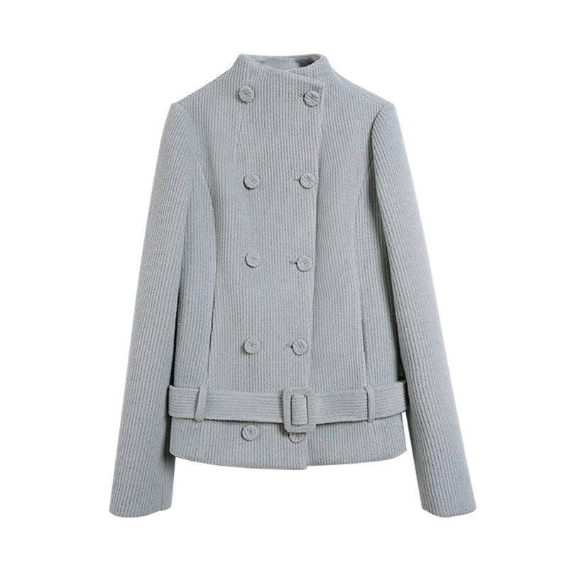 someonesometimes Sky Blue Wool Blend Double Breasted Stand Collar Slim Fit Vintage Short Coat