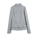 someonesometimes Sky Blue Wool Blend Double Breasted Stand Collar Slim Fit Vintage Short Coat