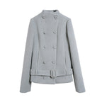 someonesometimes Sky Blue Wool Blend Double Breasted Stand Collar Slim Fit Vintage Short Coat