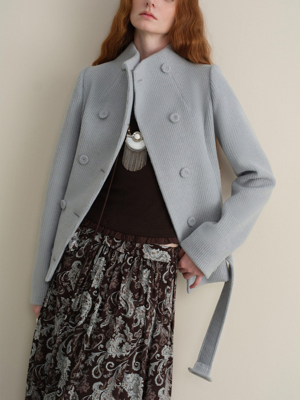 someonesometimes Sky Blue Wool Blend Double Breasted Stand Collar Slim Fit Vintage Short Coat