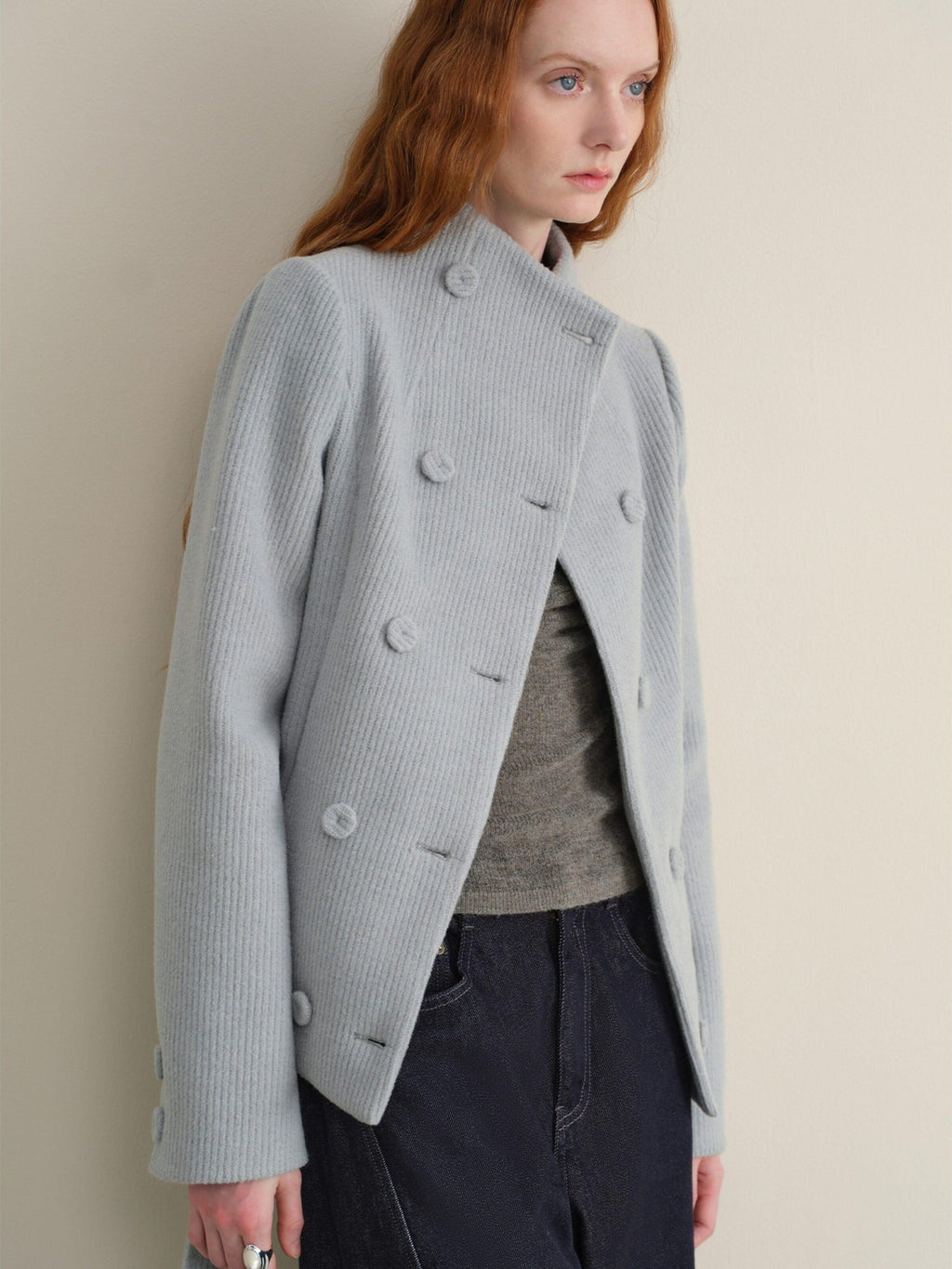 someonesometimes Sky Blue Wool Blend Double Breasted Stand Collar Slim Fit Vintage Short Coat