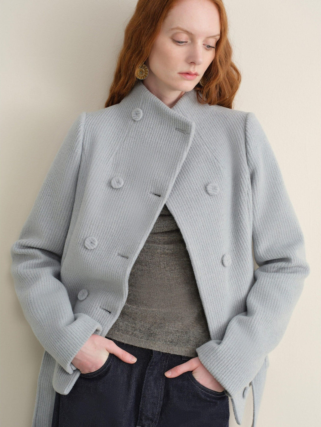 someonesometimes Sky Blue Wool Blend Double Breasted Stand Collar Slim Fit Vintage Short Coat