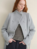 someonesometimes Sky Blue Wool Blend Double Breasted Stand Collar Slim Fit Vintage Short Coat