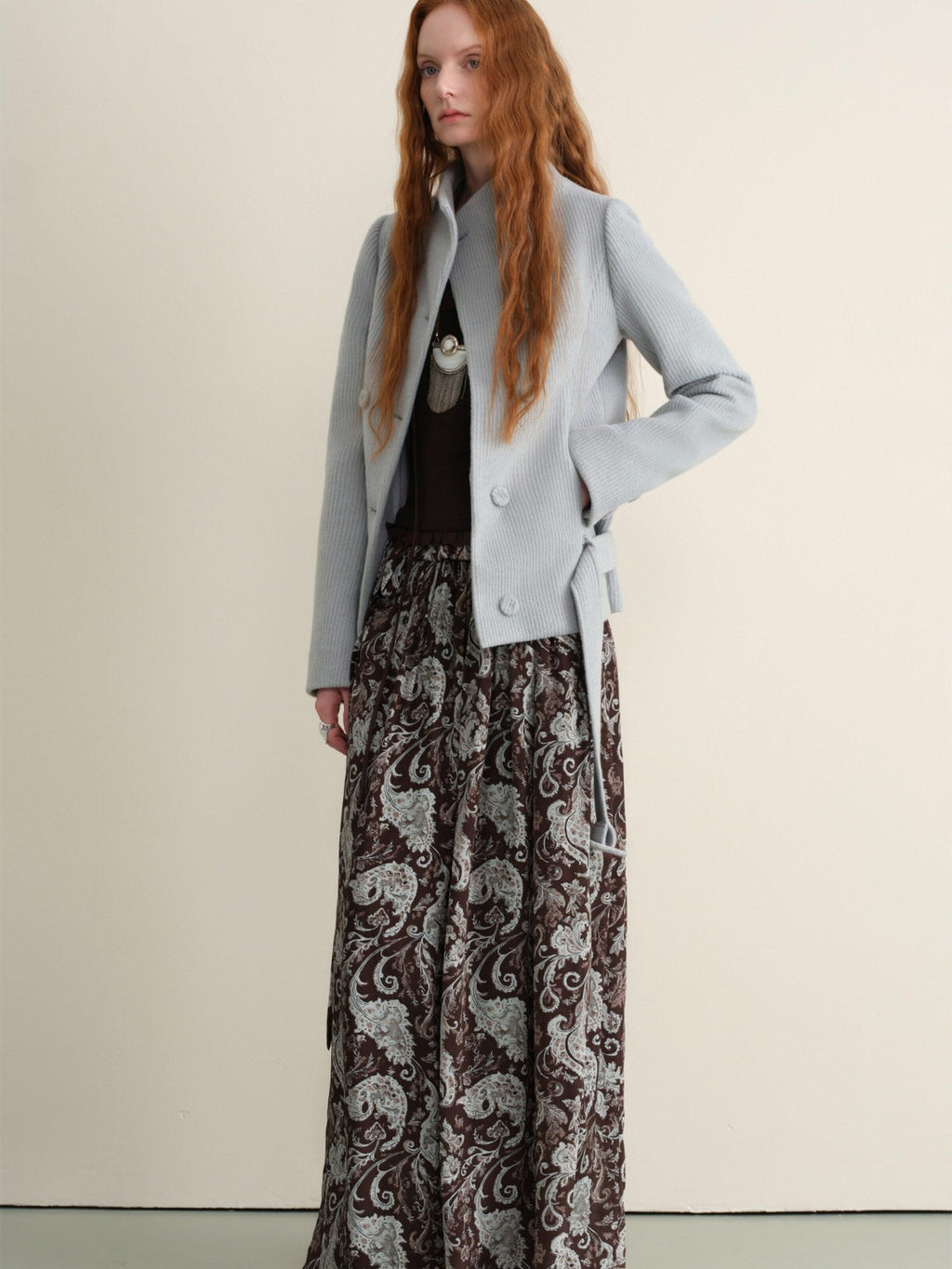someonesometimes Sky Blue Wool Blend Double Breasted Stand Collar Slim Fit Vintage Short Coat