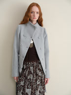 someonesometimes Sky Blue Wool Blend Double Breasted Stand Collar Slim Fit Vintage Short Coat