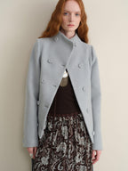 someonesometimes Sky Blue Wool Blend Double Breasted Stand Collar Slim Fit Vintage Short Coat