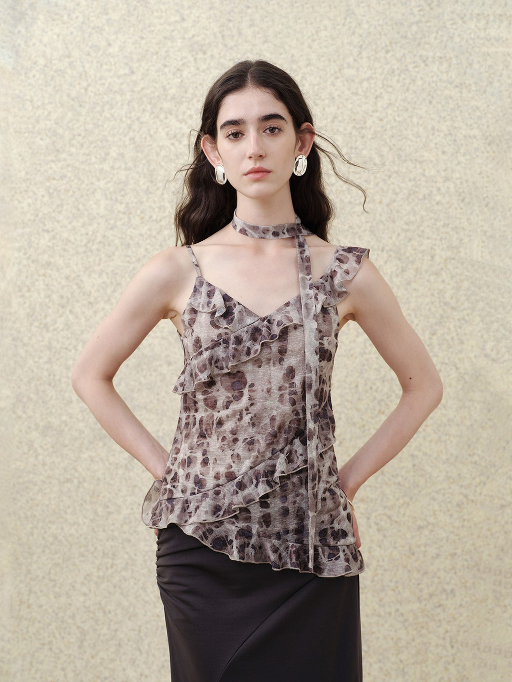 someonesometimes Slim Fit V-neck Strappy Mid Length Women Leopard Print Amber Brown Camisoles