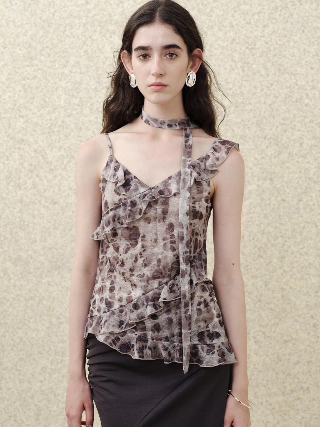 someonesometimes Slim Fit V-neck Strappy Mid Length Women Leopard Print Amber Brown Camisoles