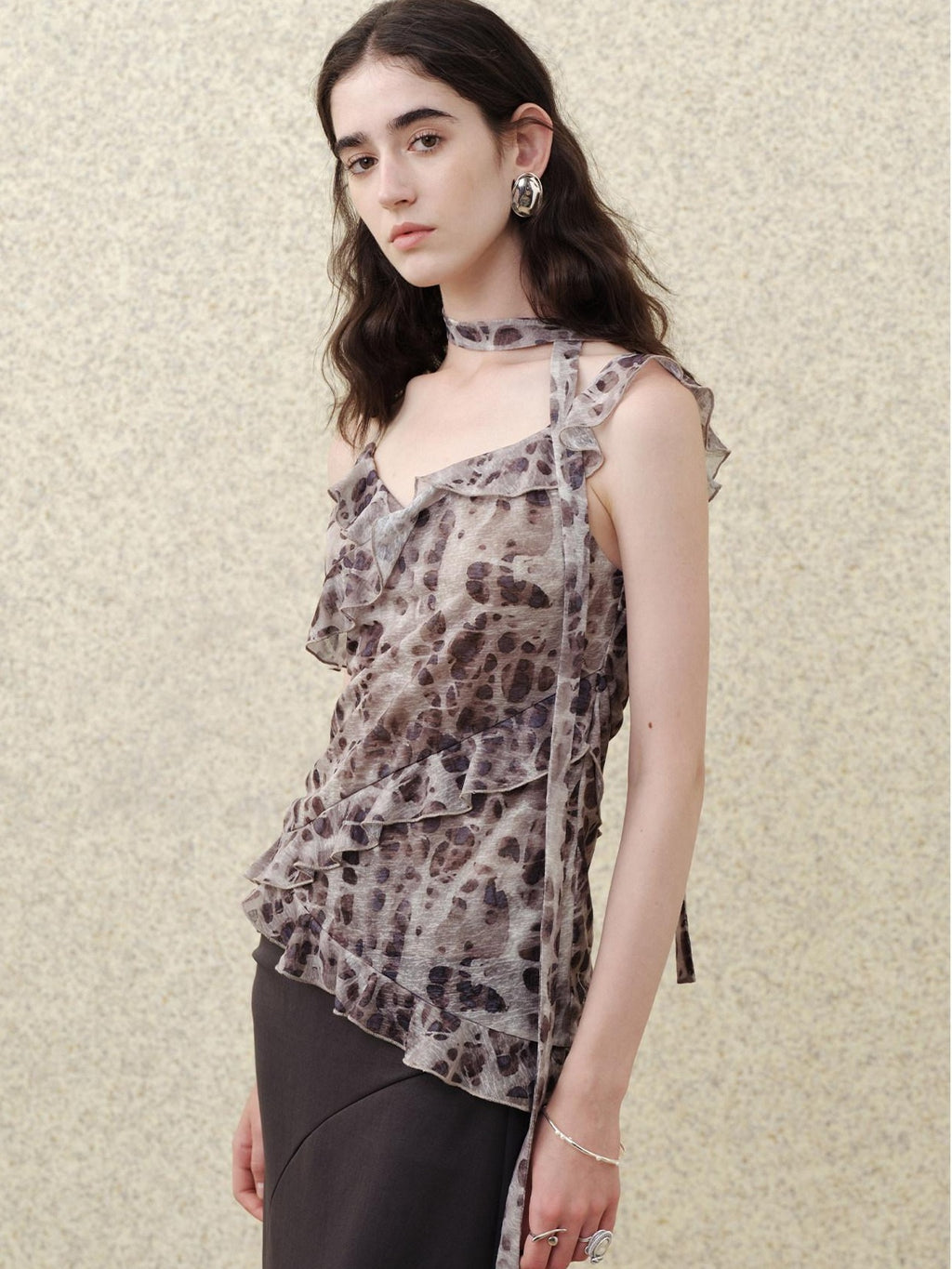 someonesometimes Slim Fit V-neck Strappy Mid Length Women Leopard Print Amber Brown Camisoles