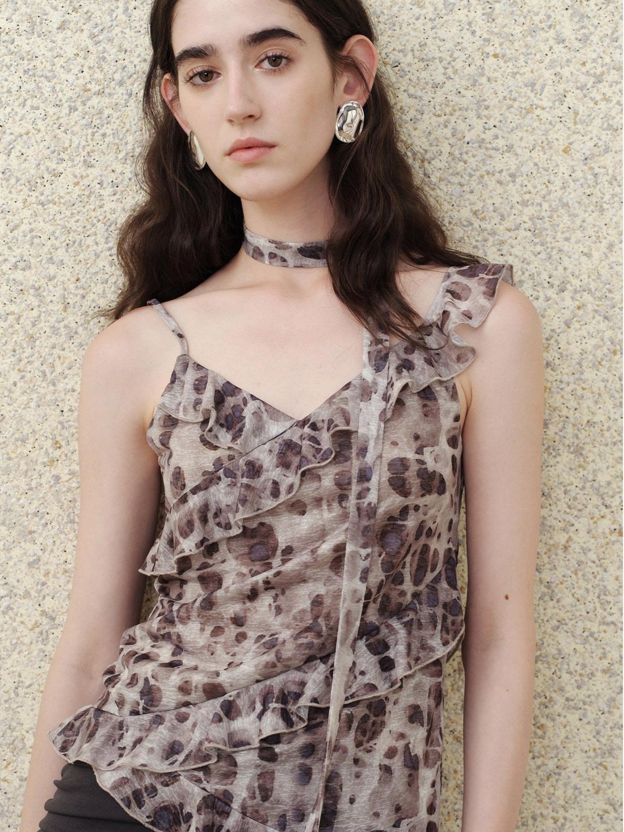 someonesometimes Slim Fit V-neck Strappy Mid Length Women Leopard Print Amber Brown Camisoles