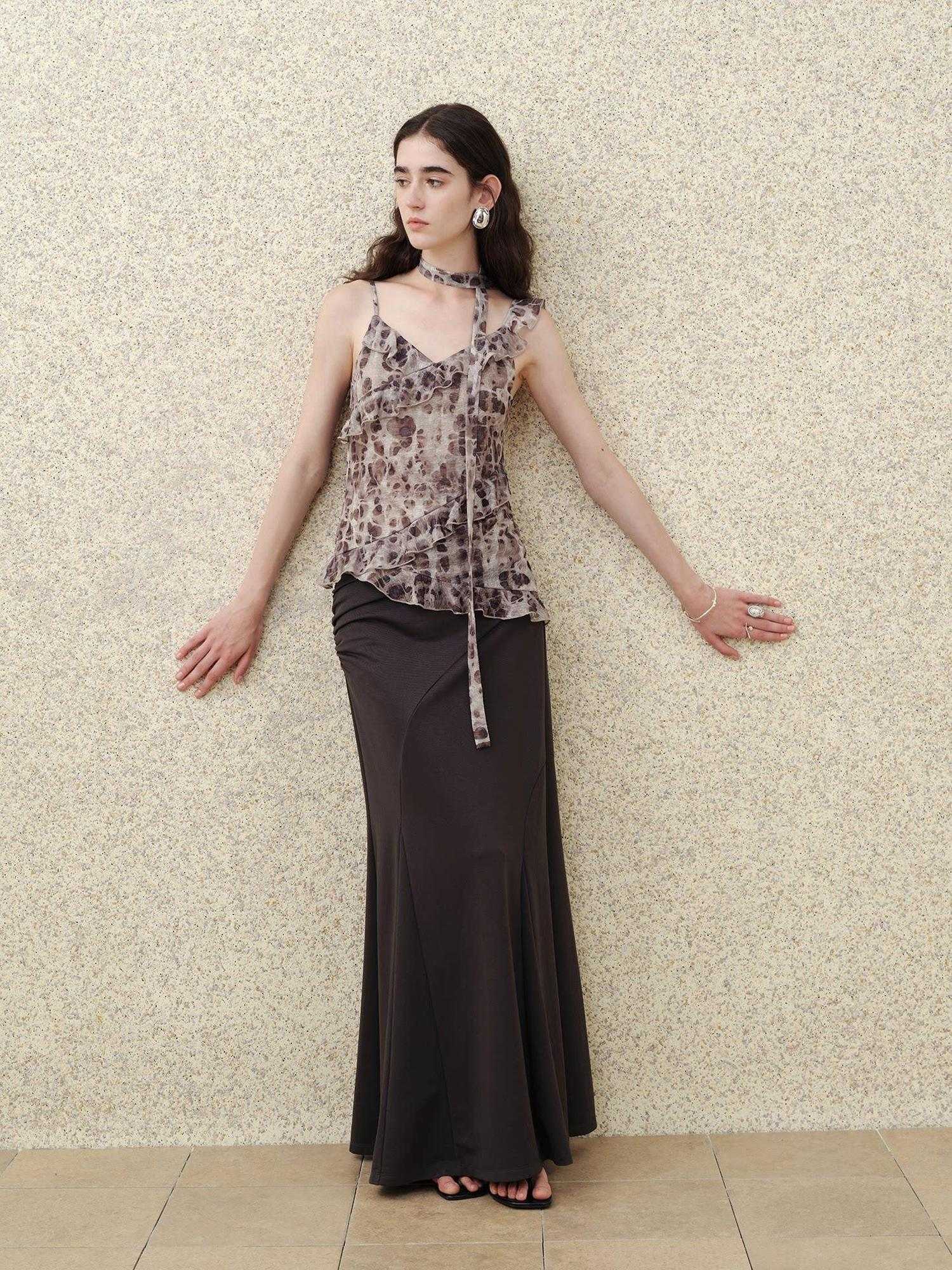 someonesometimes Slim Fit V-neck Strappy Mid Length Women Leopard Print Amber Brown Camisoles