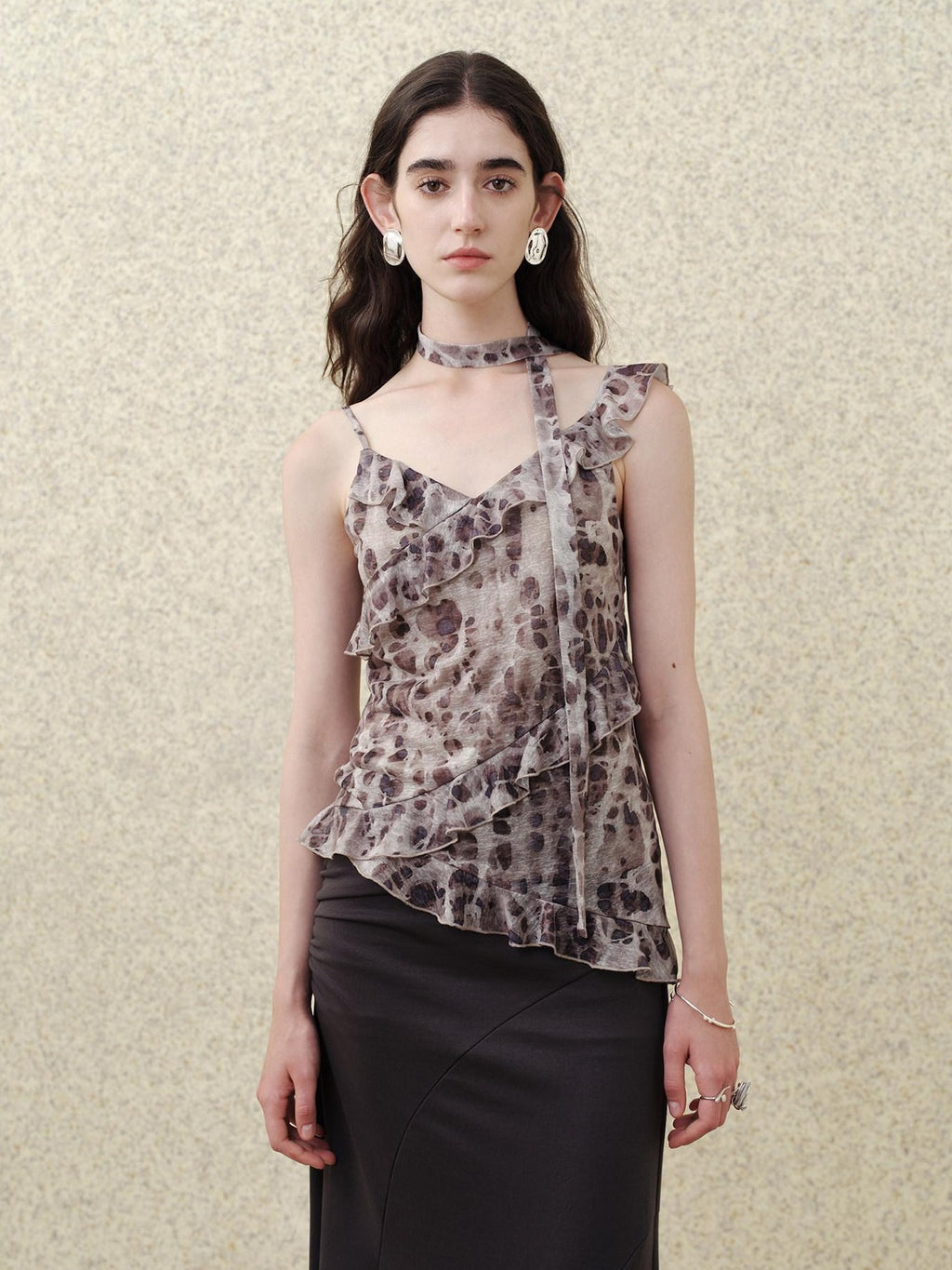 someonesometimes Slim Fit V-neck Strappy Mid Length Women Leopard Print Amber Brown Camisoles