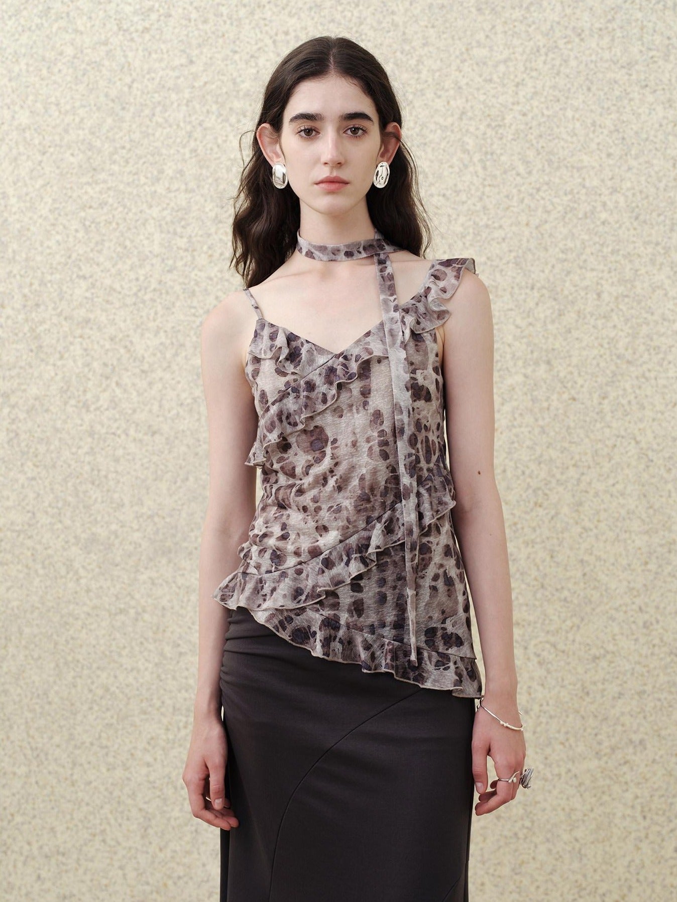 someonesometimes Slim Fit V-neck Strappy Mid Length Women Leopard Print Amber Brown Camisoles