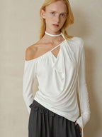 someonesometimes Slim Knit Velvet One Shoulder Long Sleeve Casual Women Off Shoulder Crop Tops