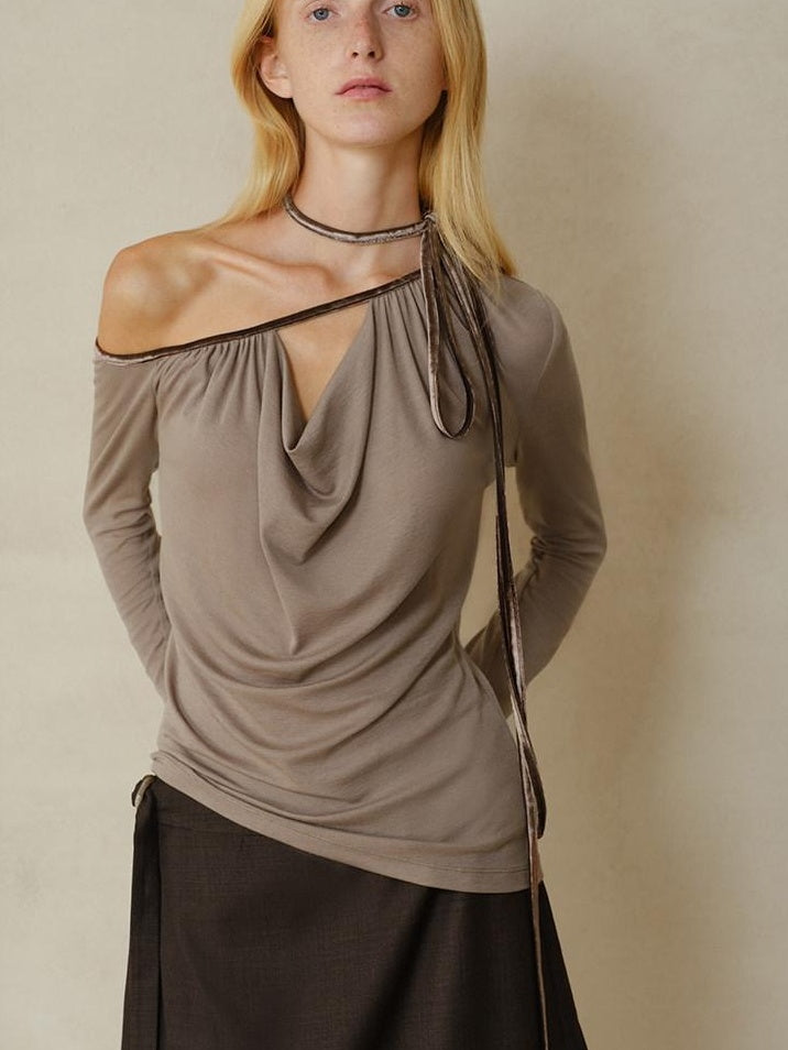 someonesometimes Slim Knit Velvet One Shoulder Long Sleeve Casual Women Off Shoulder Crop Tops