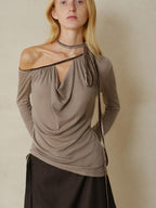 someonesometimes Slim Knit Velvet One Shoulder Long Sleeve Casual Women Off Shoulder Crop Tops