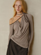 someonesometimes Slim Knit Velvet One Shoulder Long Sleeve Casual Women Off Shoulder Crop Tops