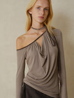 someonesometimes Slim Knit Velvet One Shoulder Long Sleeve Casual Women Off Shoulder Crop Tops