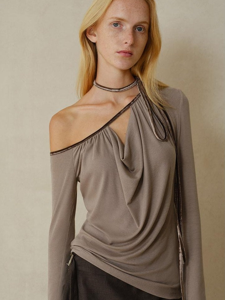 someonesometimes Slim Knit Velvet One Shoulder Long Sleeve Casual Women Off Shoulder Crop Tops