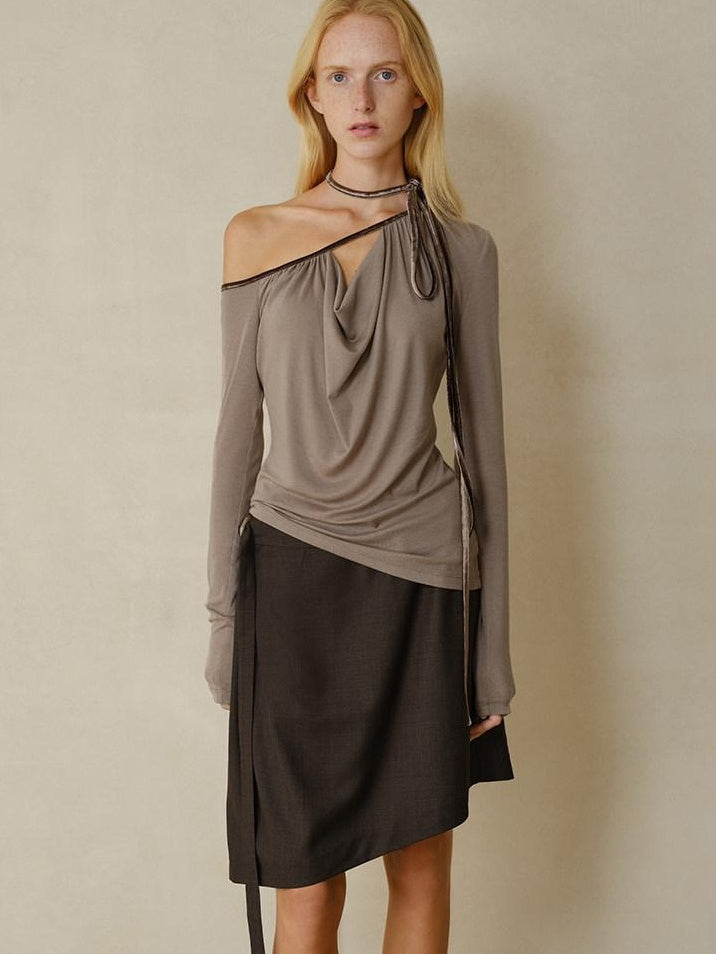 someonesometimes Slim Knit Velvet One Shoulder Long Sleeve Casual Women Off Shoulder Crop Tops