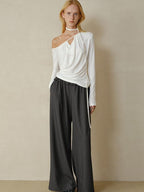 someonesometimes Slim Knit Velvet One Shoulder Long Sleeve Casual Women Off Shoulder Crop Tops