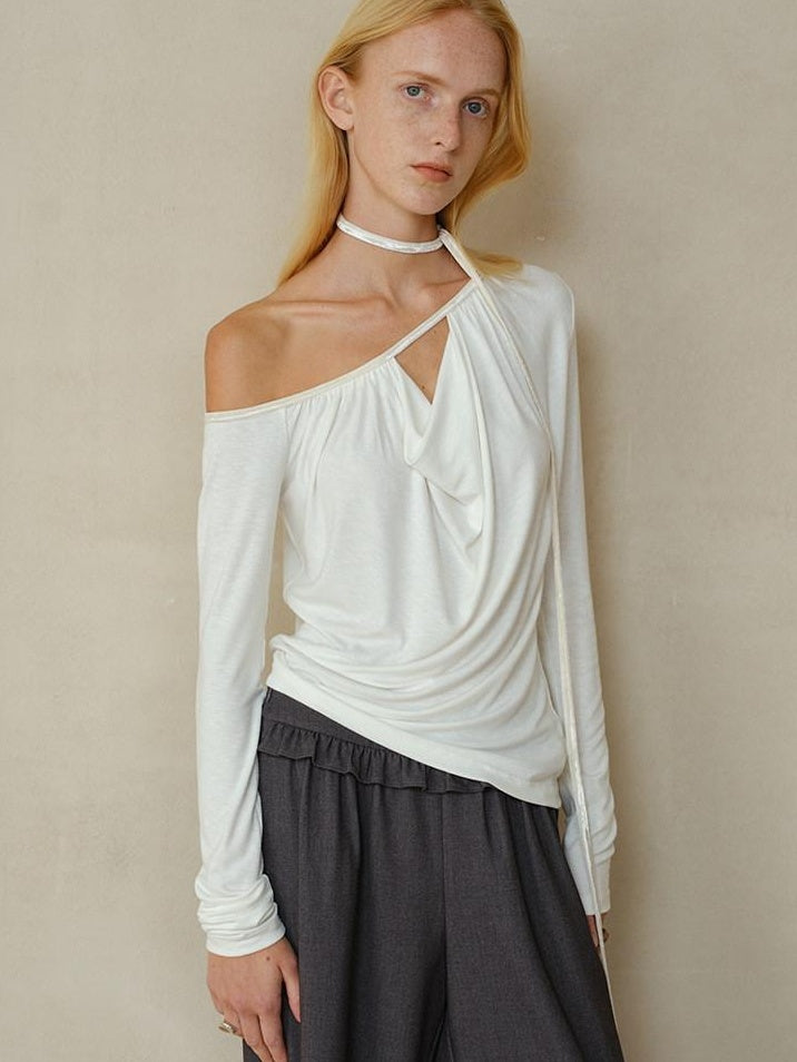 someonesometimes Slim Knit Velvet One Shoulder Long Sleeve Casual Women Off Shoulder Crop Tops