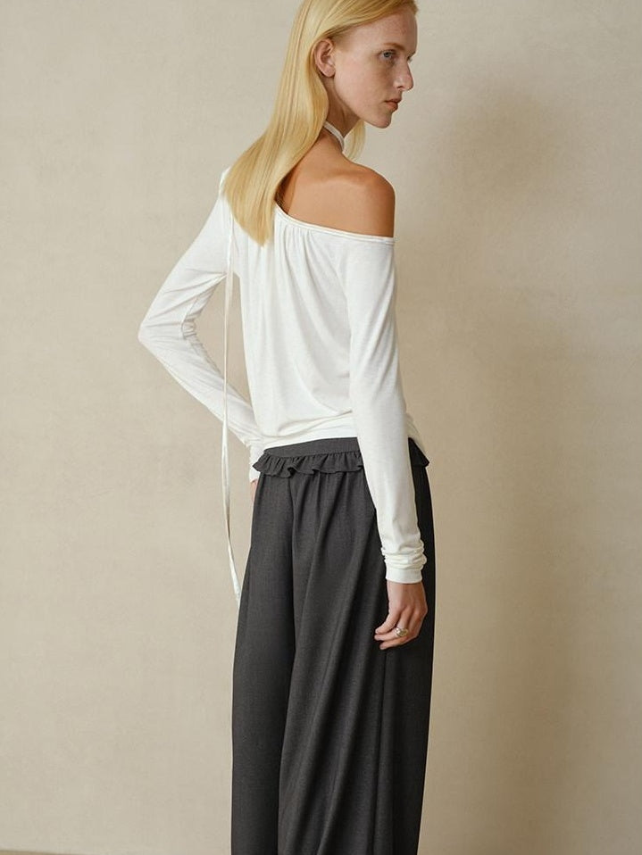 someonesometimes Slim Knit Velvet One Shoulder Long Sleeve Casual Women Off Shoulder Crop Tops