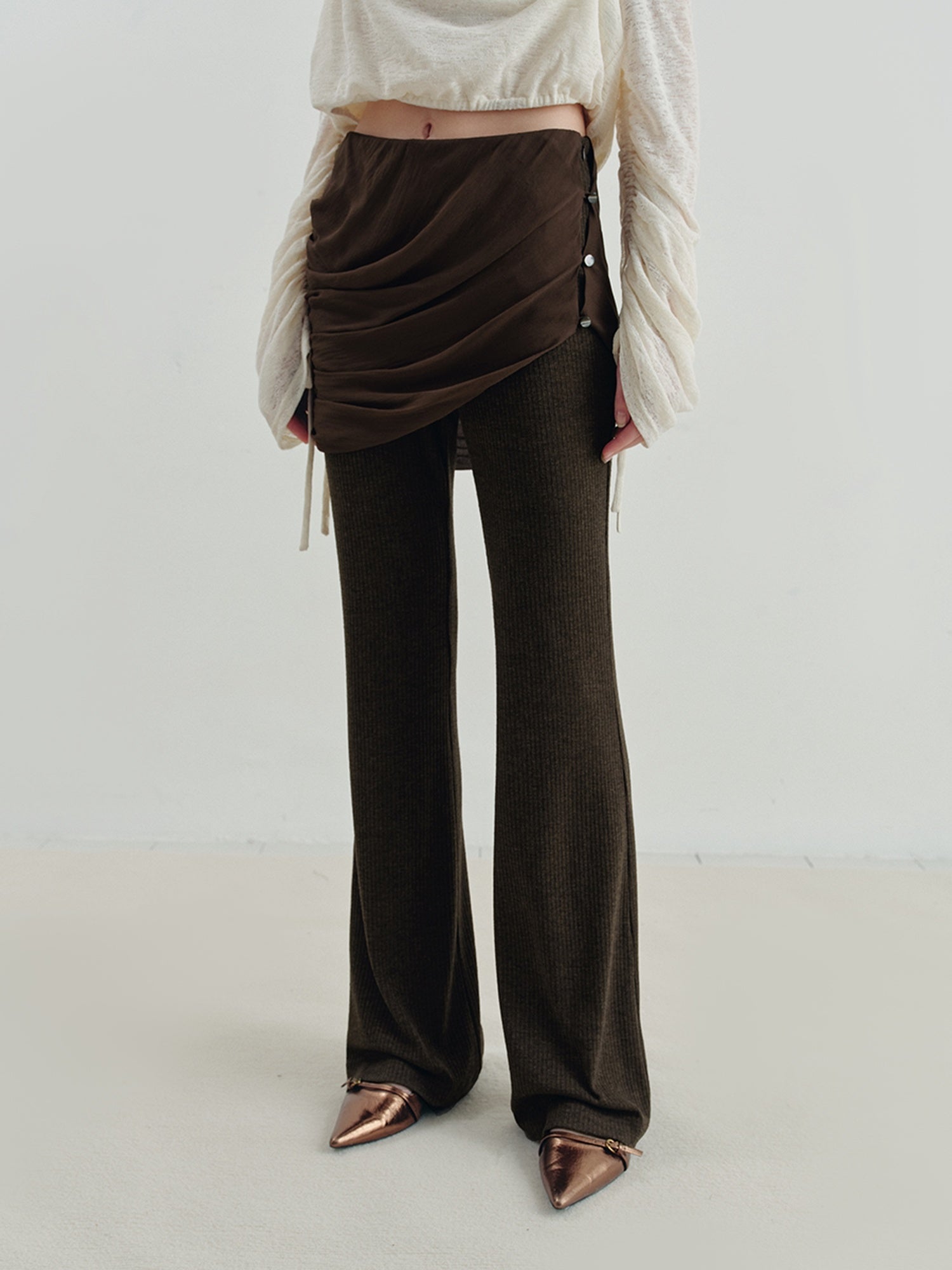 someonesometimes Slim Knitted Retro Office Women Natural Waist Navy Coffee Blend Flared Pants