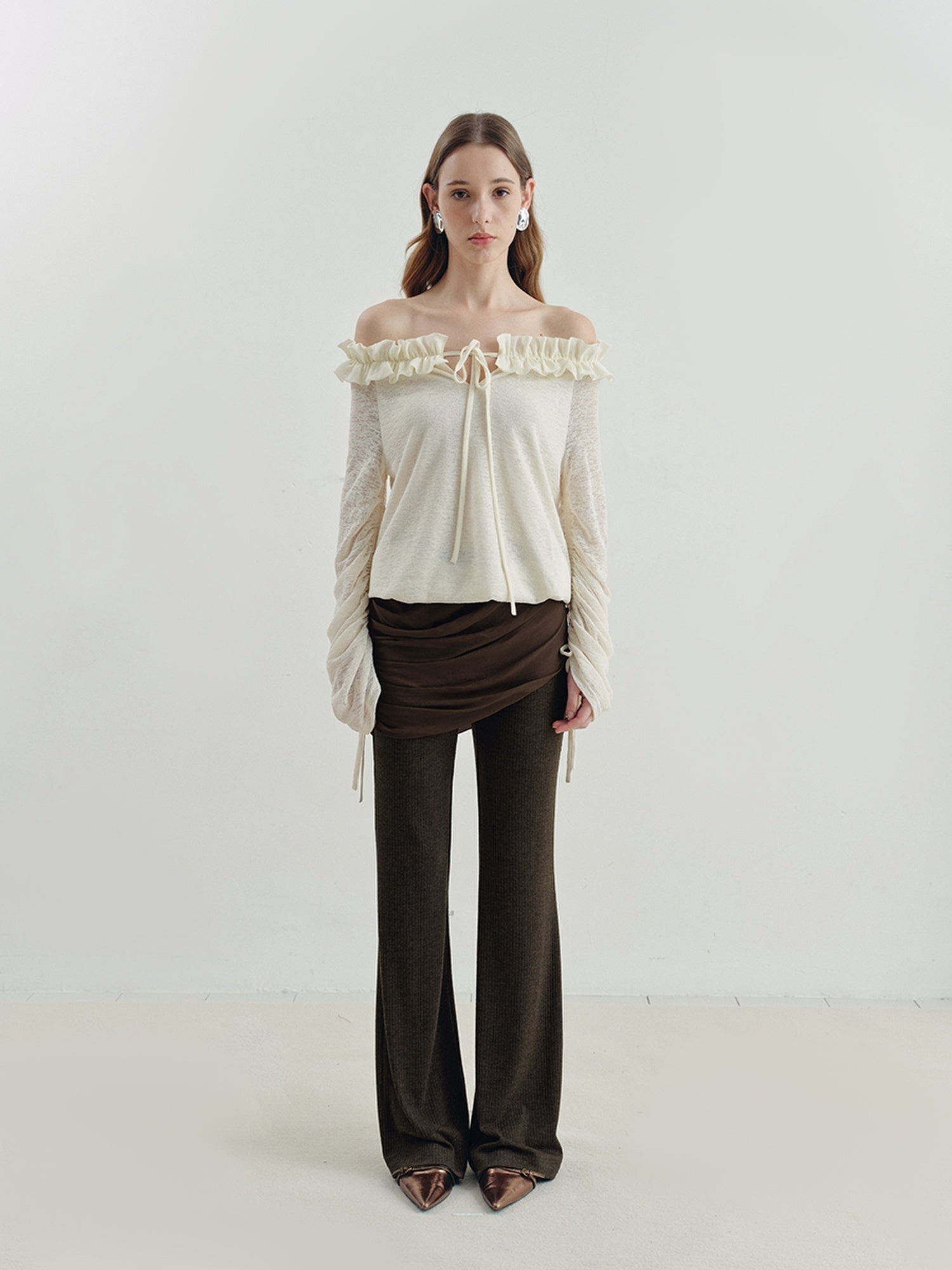 someonesometimes Slim Knitted Retro Office Women Natural Waist Navy Coffee Blend Flared Pants