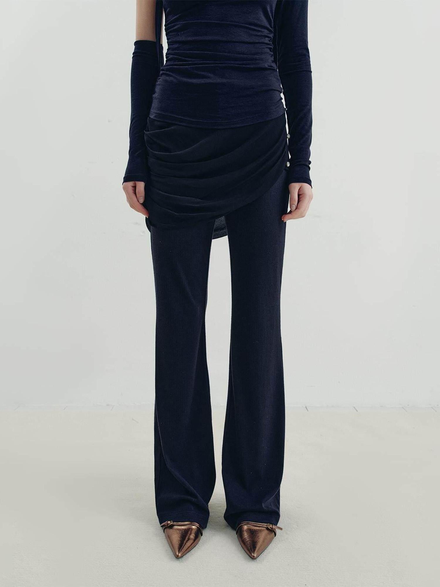 someonesometimes Slim Knitted Retro Office Women Natural Waist Navy Coffee Blend Flared Pants