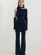 someonesometimes Slim Knitted Retro Office Women Natural Waist Navy Coffee Blend Flared Pants