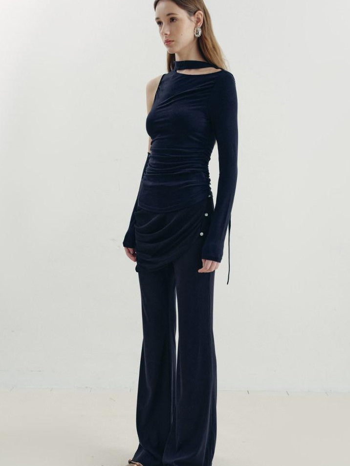 someonesometimes Slim Knitted Retro Office Women Natural Waist Navy Coffee Blend Flared Pants