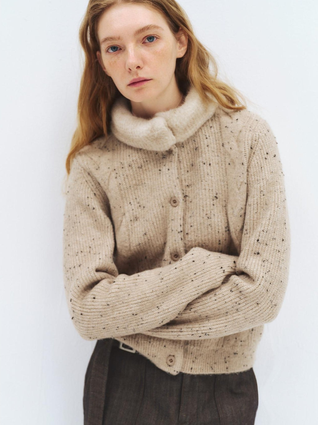 someonesometimes Soft Acrylic Stand Collar Button Front Longsleeve Women Knit Cream Cardigans