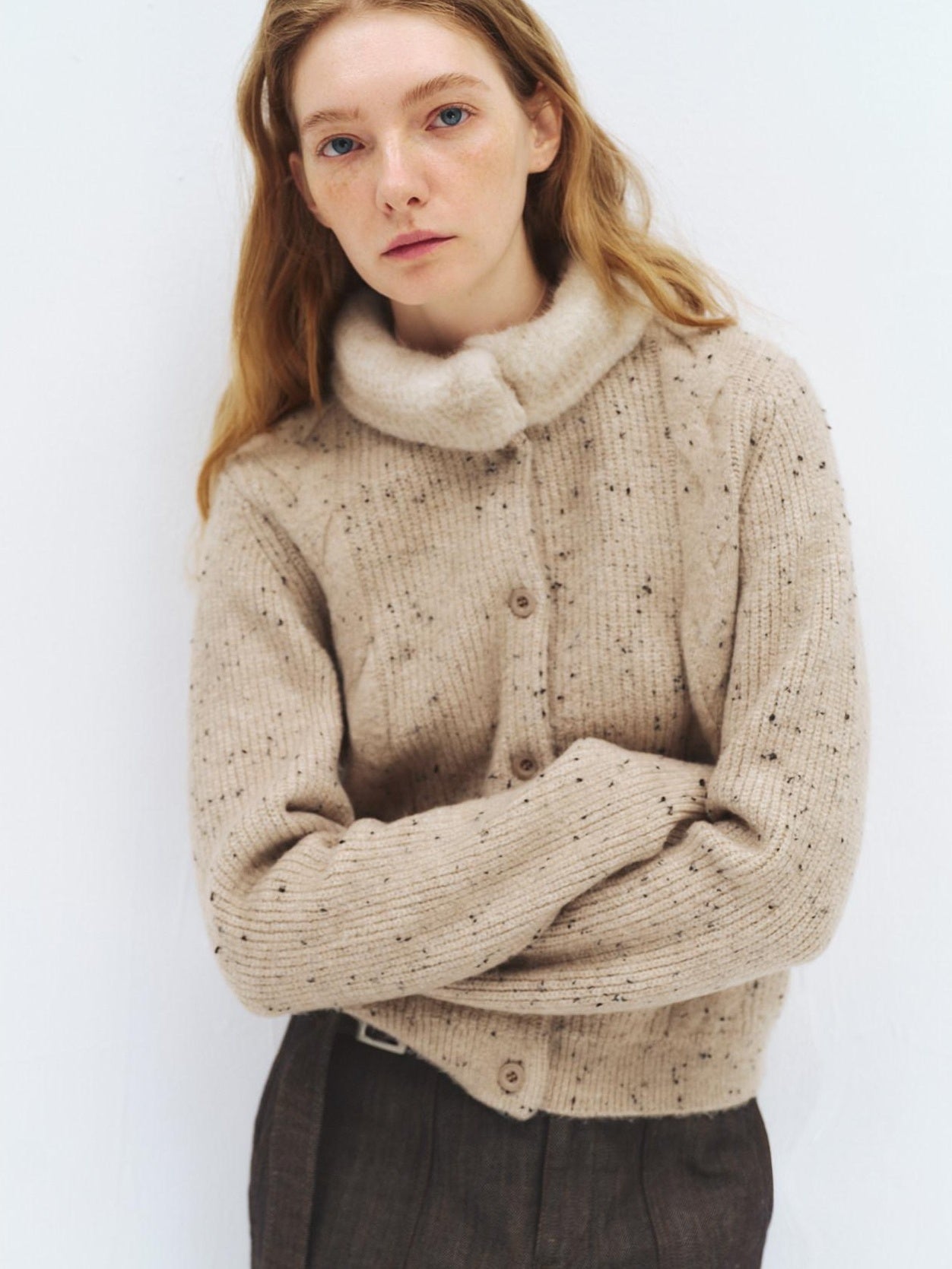 someonesometimes Soft Acrylic Stand Collar Button Front Longsleeve Women Knit Cream Cardigans